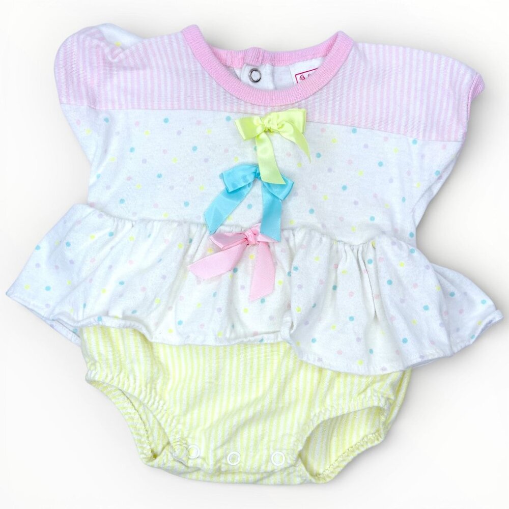 Vintage 1990s / 90s Baby Girls Pastel Polka Dot Bow Bubble Romper Dress 6m - 9m